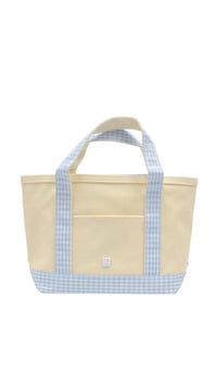 Natural coated canvas TRVL mini tote with mist blue gingham trim