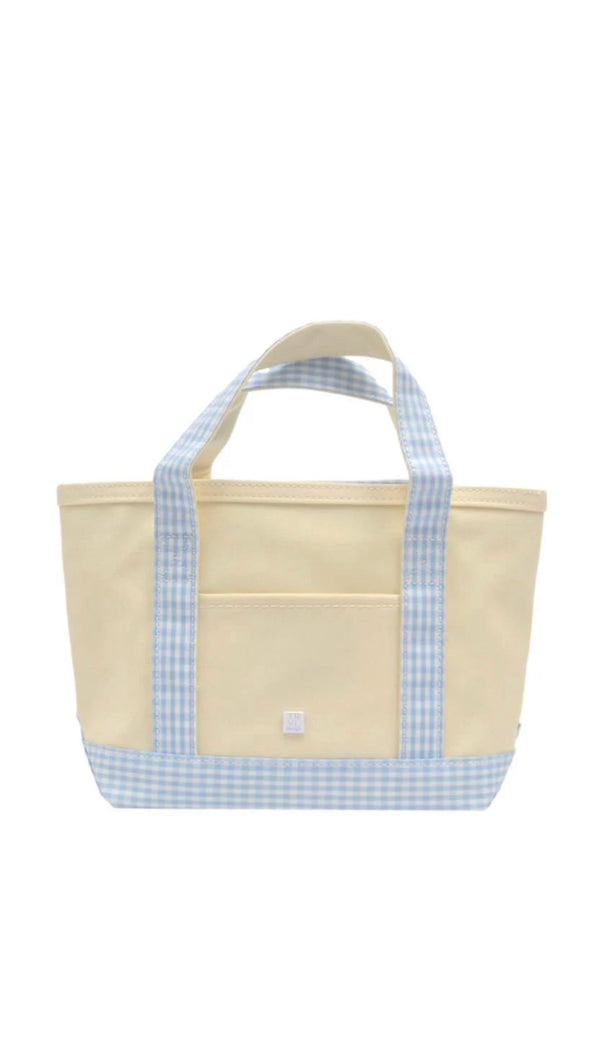 Natural coated canvas TRVL mini tote with mist blue gingham trim