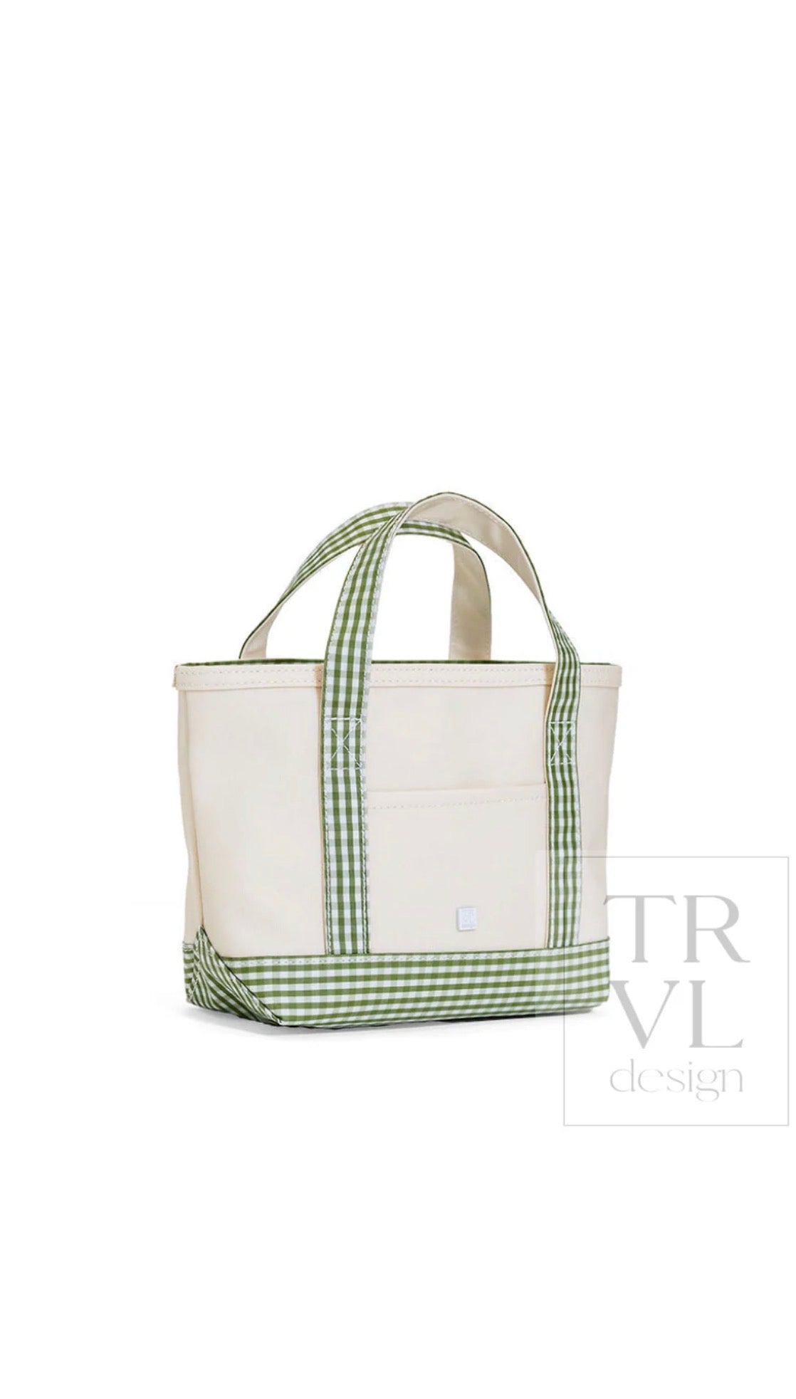 Natural coated canvas TRVL mini tote with moss green gingham trim