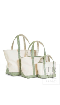 Natural coated canvas TRVL mini tote with moss green gingham trim
