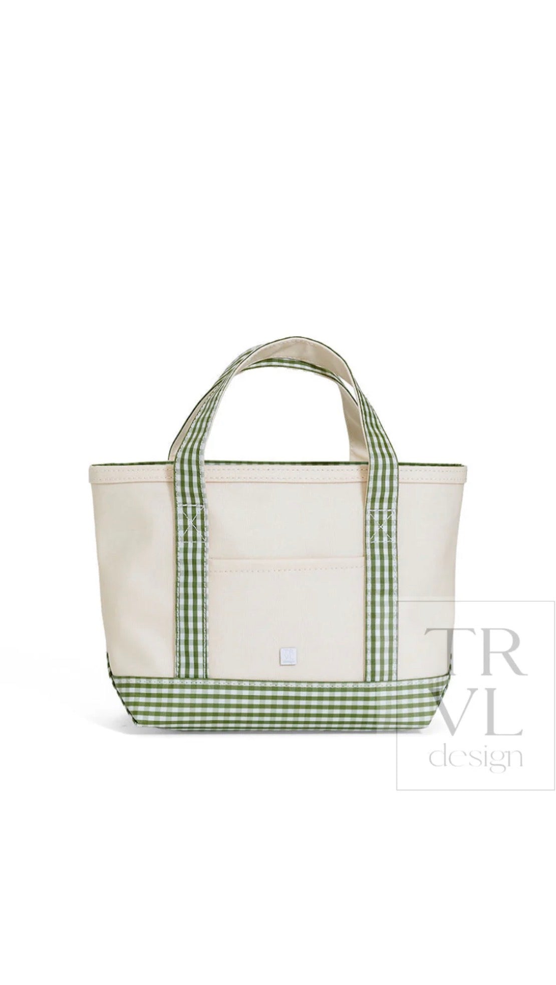 Natural coated canvas TRVL mini tote with moss green gingham trim
