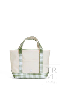 Natural coated canvas TRVL mini tote with moss green gingham trim