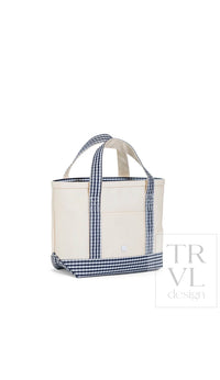 Natural coated canvas TRVL mini tote with navy gingham trim