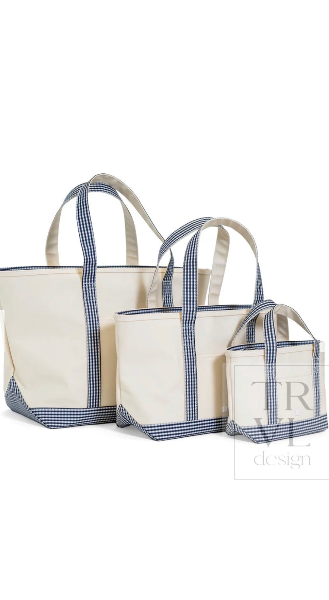 Natural coated canvas TRVL mini tote with navy gingham trim