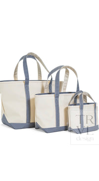 Natural coated canvas TRVL mini tote with navy gingham trim