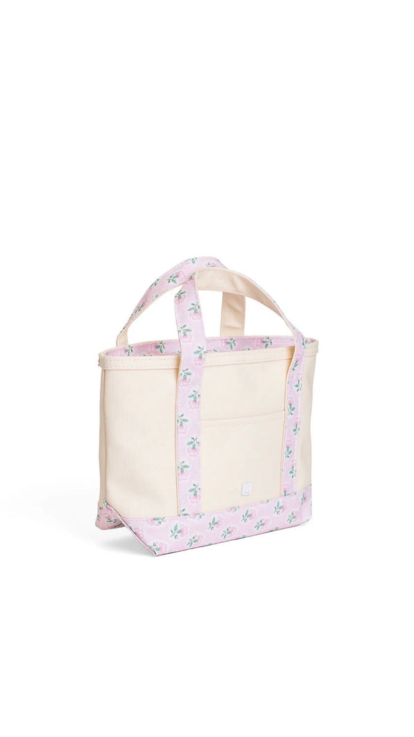 Natural coated canvas TRVL mini tote with pink petite fleur floral trim