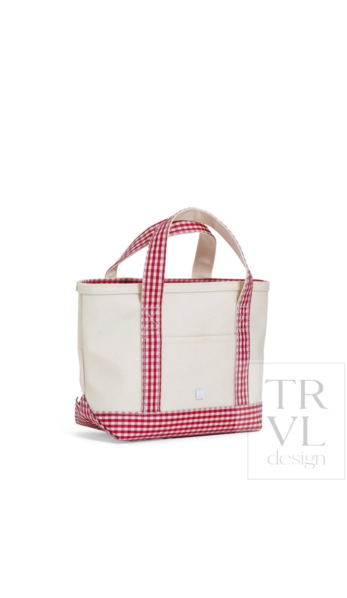 Natural coated canvas TRVL mini tote with red gingham trim