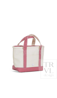 Natural coated canvas TRVL mini tote with red gingham trim