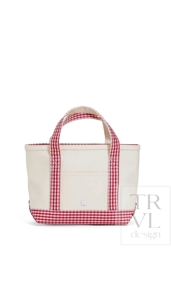 Natural coated canvas TRVL mini tote with red gingham trim