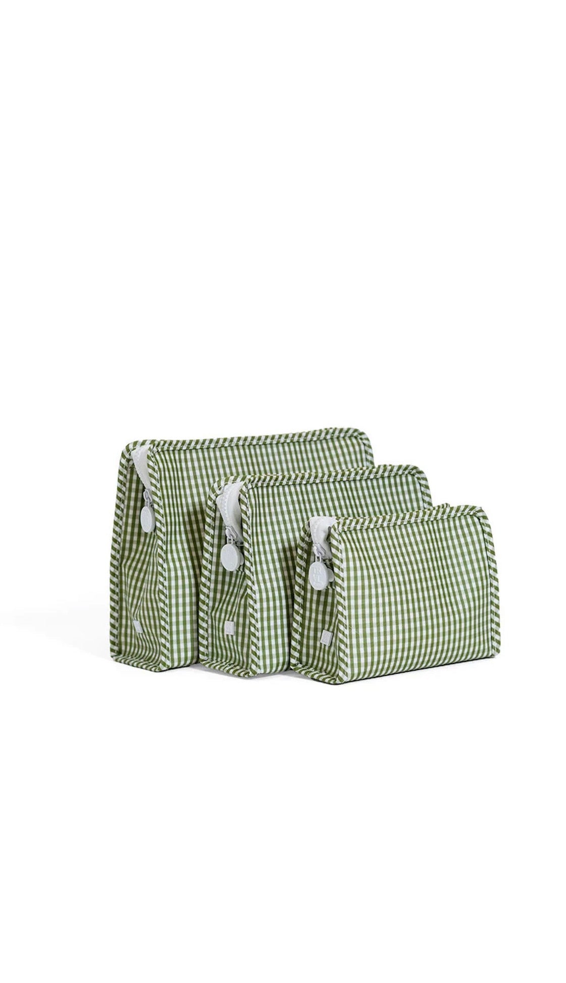 Moss green gingham TRVL Roadie pouch