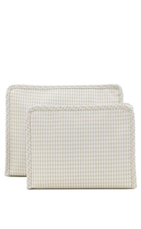 Pearl grey gingham TRVL Roadie pouch, available in medium and large
