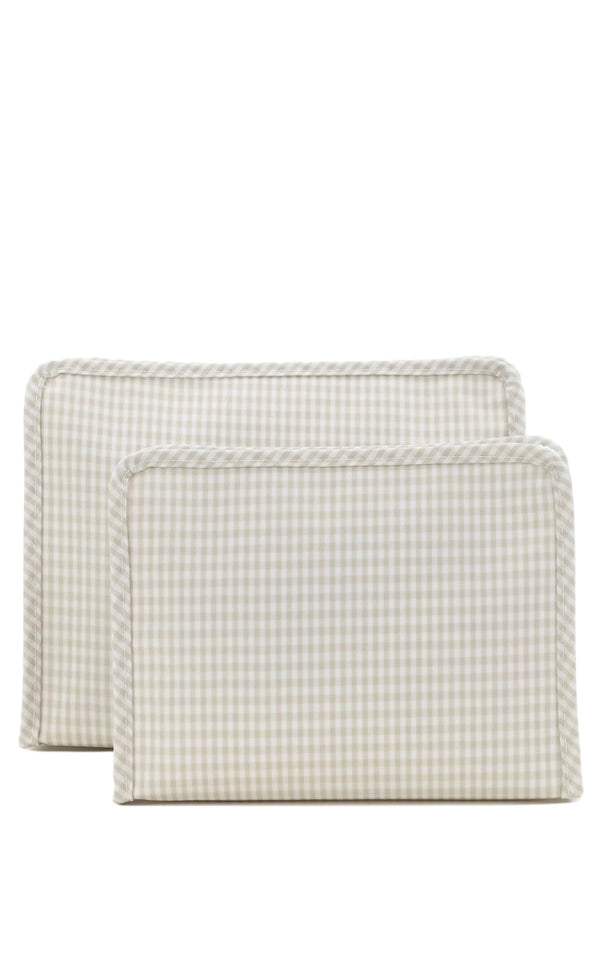 Pearl grey gingham TRVL Roadie pouch, available in medium and large
