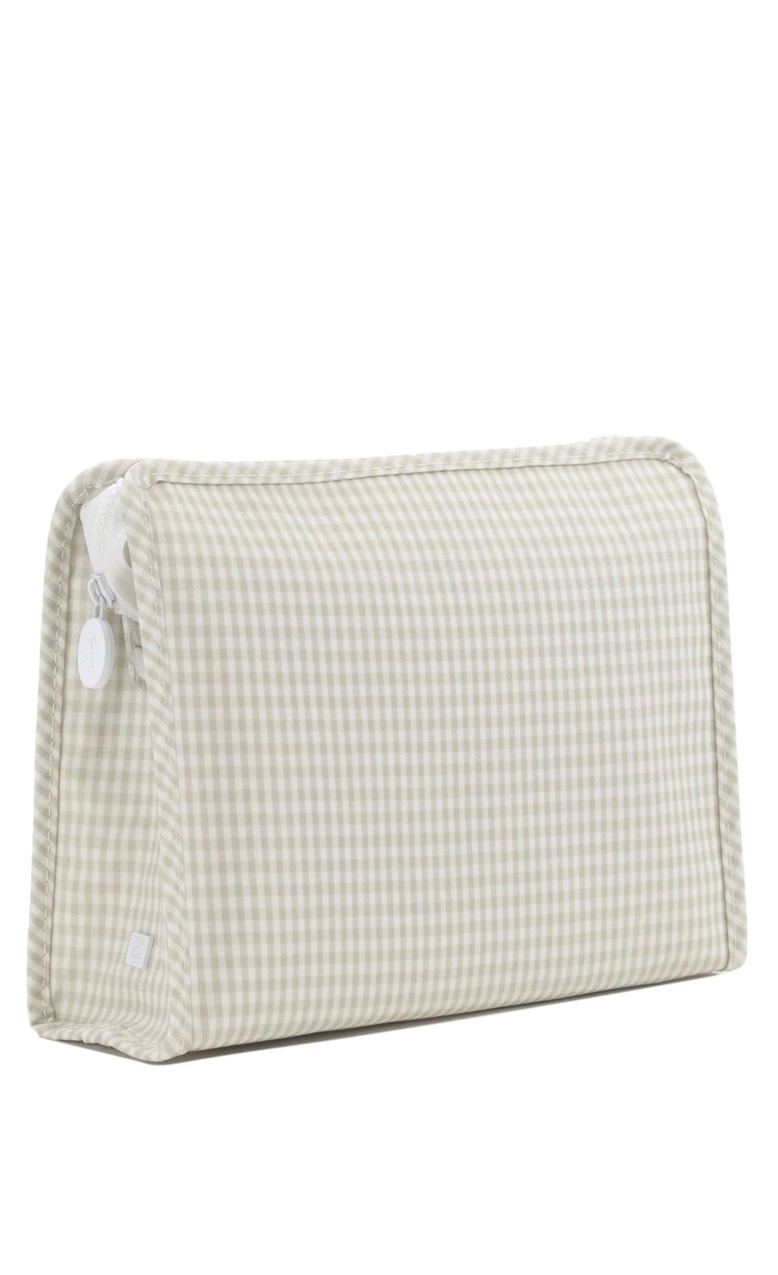 Pearl grey gingham TRVL Roadie pouch, available in medium and large