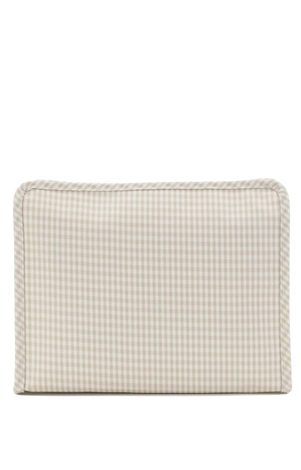 Pearl grey gingham TRVL Roadie pouch, available in medium and large