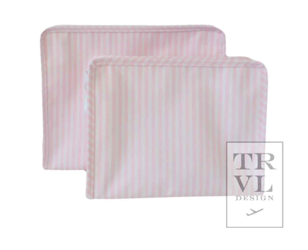 Pink Pimlico stripe TRVL Roadie pouch, available in medium and large
