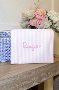Pink Pimlico stripe TRVL Roadie pouch, available in medium and large