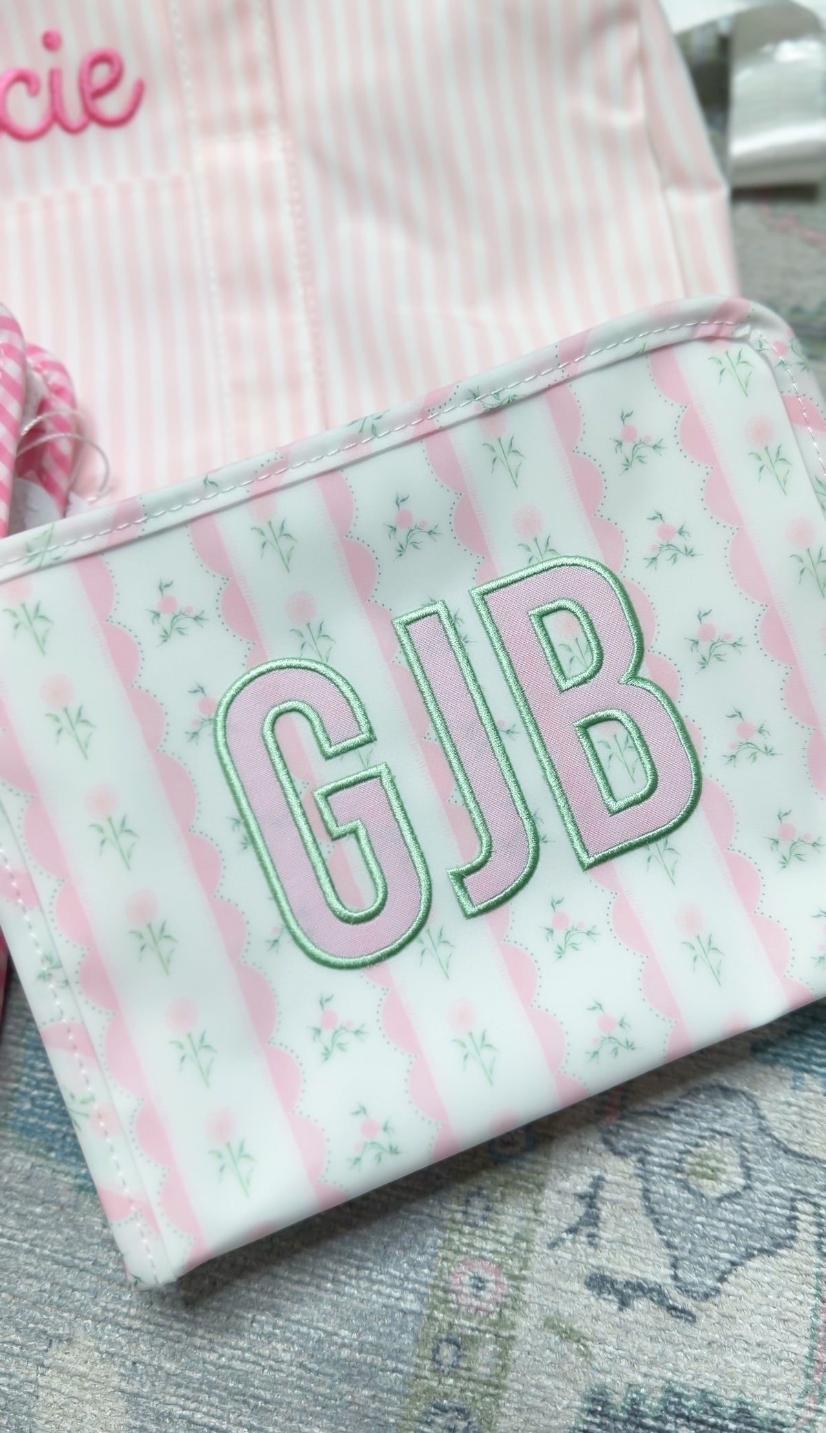 Pink ribbon floral roadie with GJB monogram embroidery