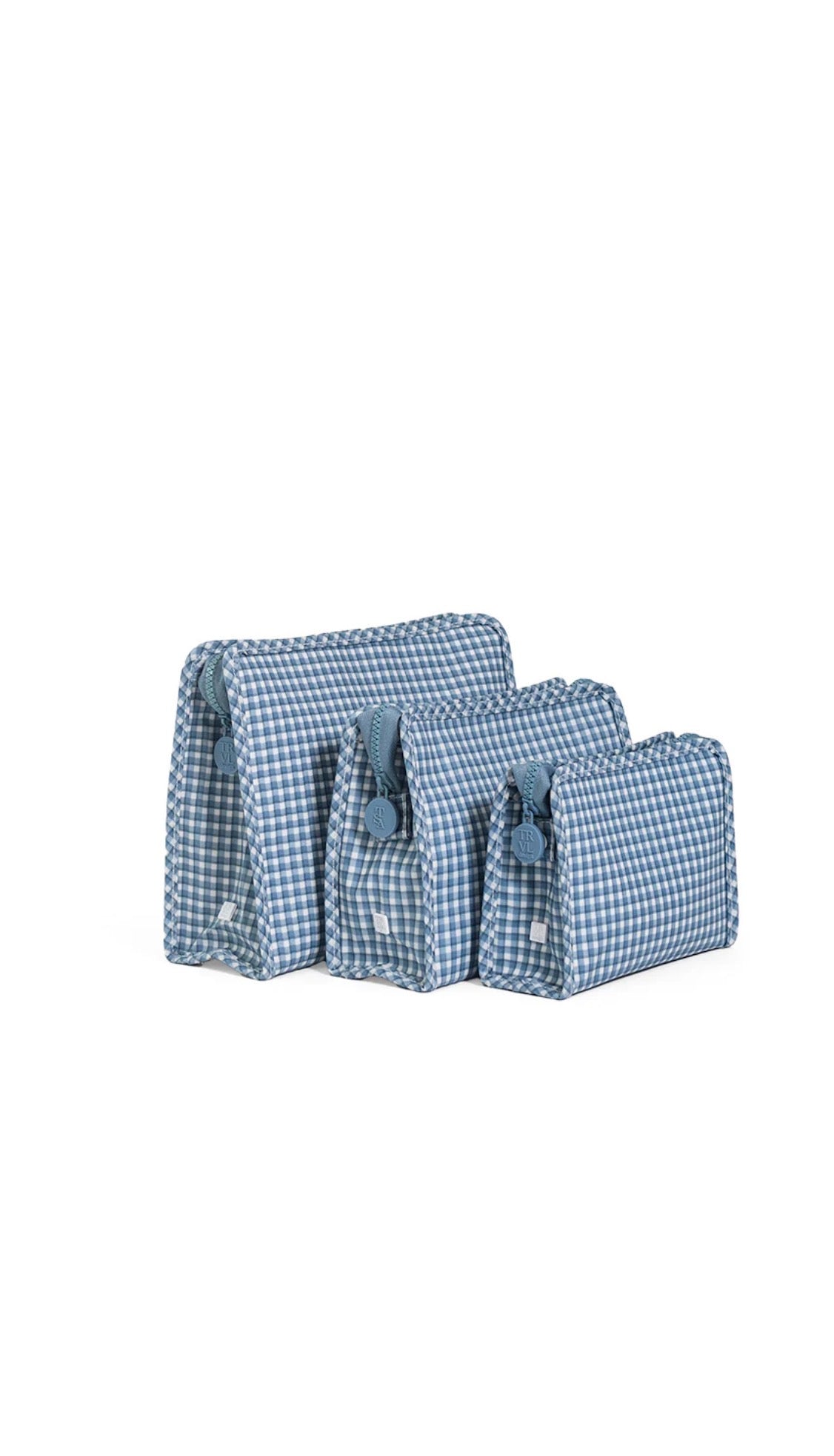 Set of blue checkered bags on a white background
