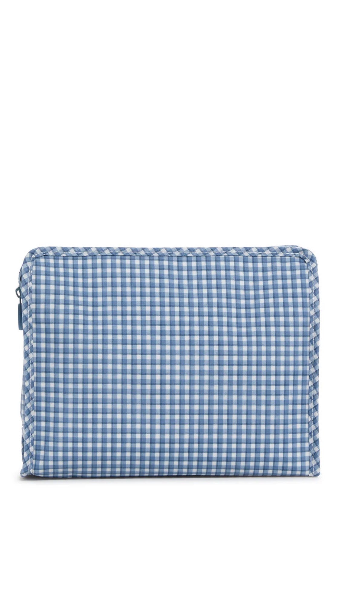 Blue and white checkered pouch on a white background