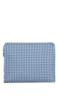 Blue and white checkered pouch on a white background