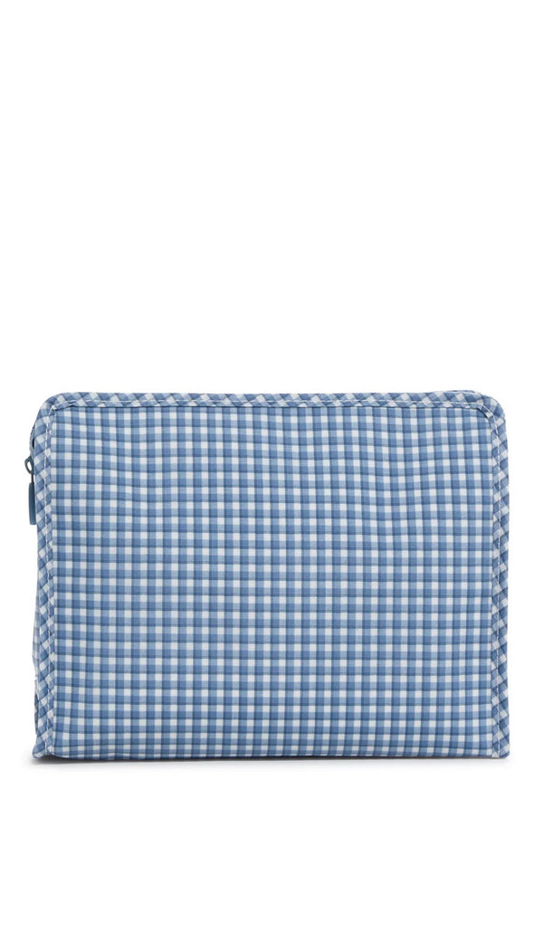 Blue and white checkered pouch on a white background