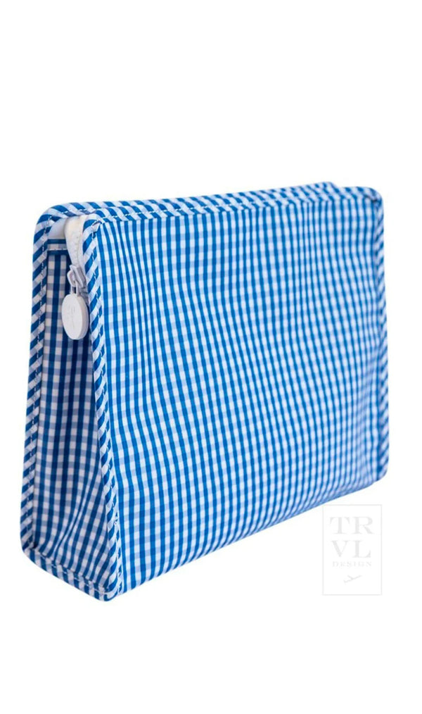 Blue gingham TRVL Roadie pouch, available in medium and large