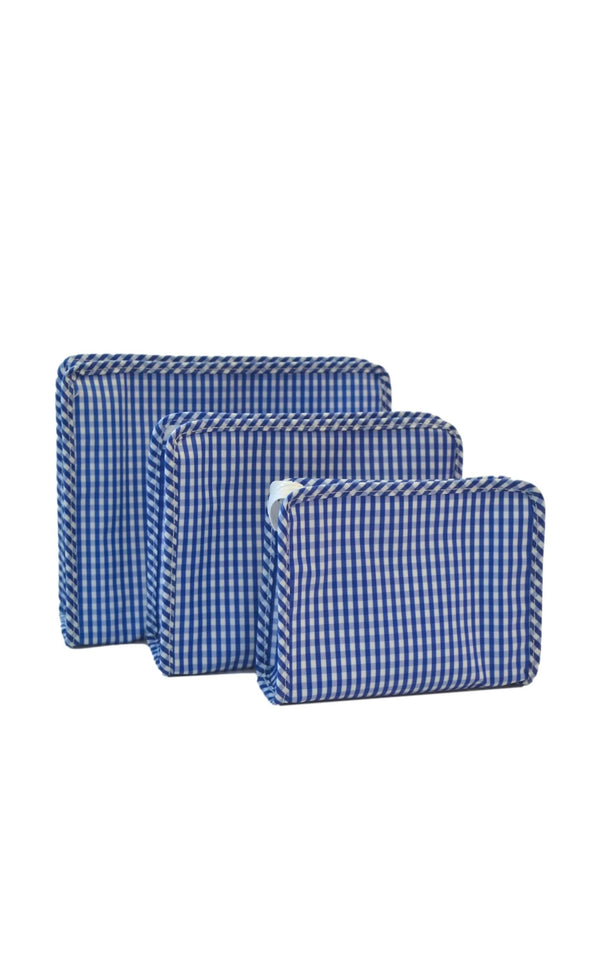 Blue gingham TRVL Roadie pouch, available in medium and large