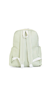 Green and white striped backpack on a white background