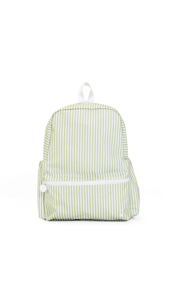 Green and white striped backpack on a white background