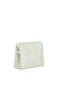 Green and white striped pouch on a white background