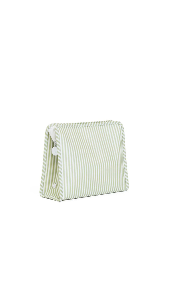Green and white striped pouch on a white background