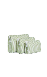 Set of three green striped trvl bags on a white background