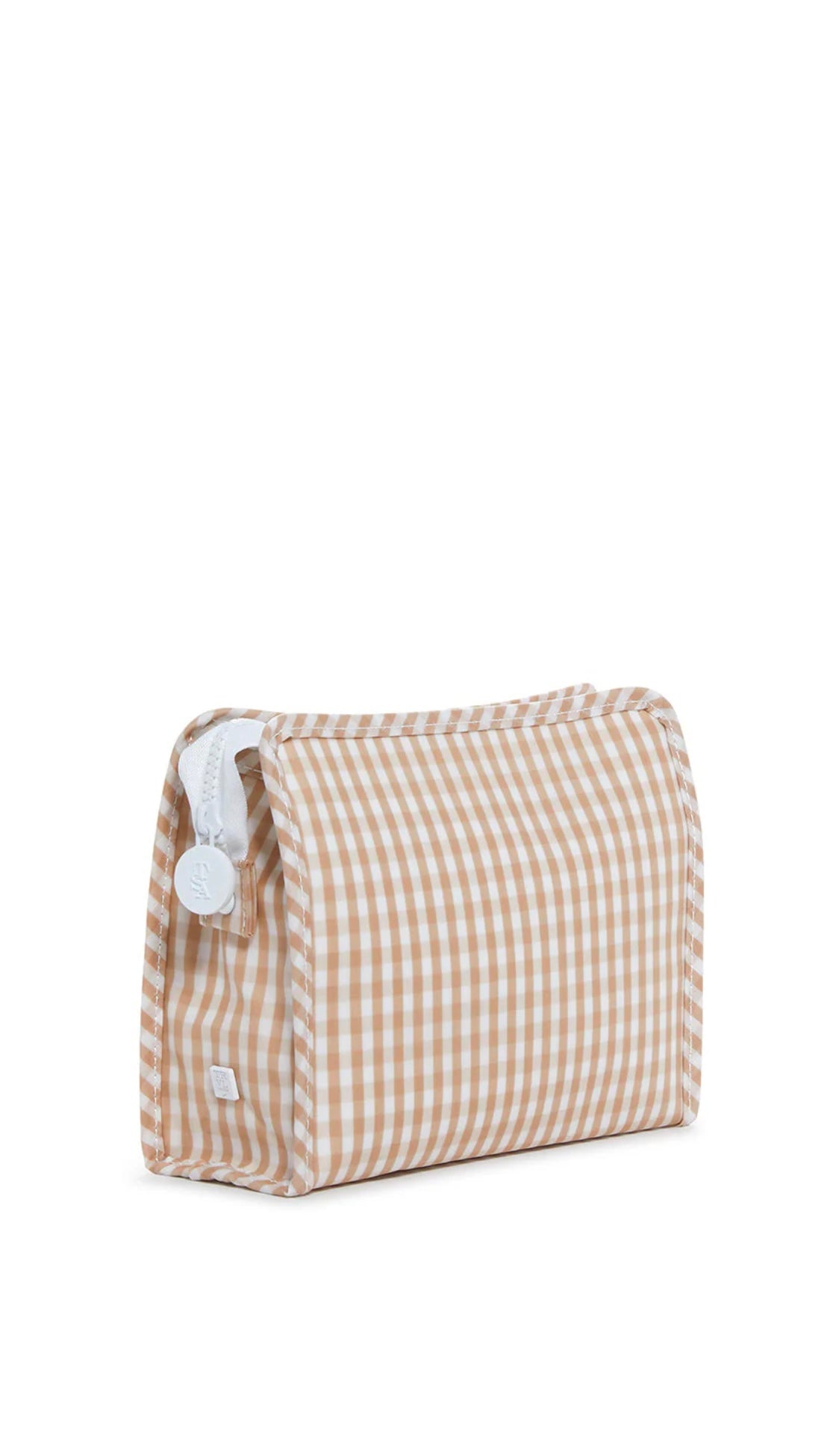Tan gingham TRVL Roadie pouch, available in medium and large