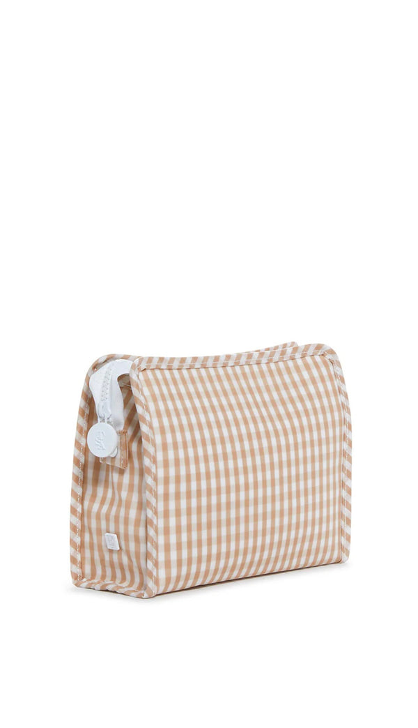 Tan gingham TRVL Roadie pouch, available in medium and large