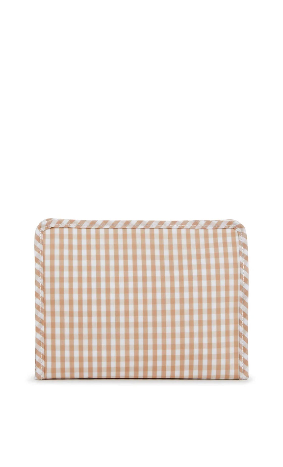 Tan gingham TRVL Roadie pouch, available in medium and large