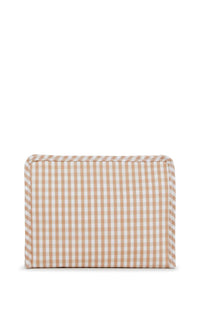 Tan gingham TRVL Roadie pouch, available in medium and large