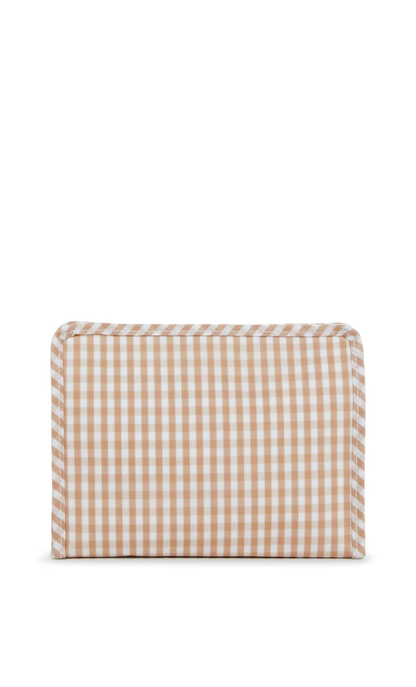 Tan gingham TRVL Roadie pouch, available in medium and large