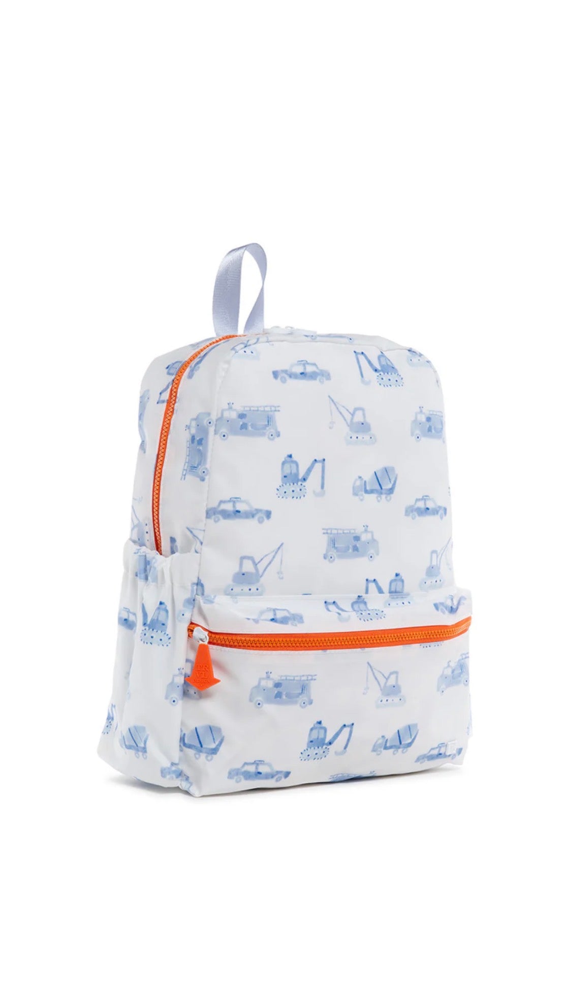 Backpack with blue and orange construction design on a white background