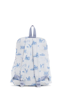 Backpack with blue and white construction pattern on a white background