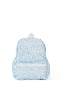 Light blue backpack with floral pattern on a white background
