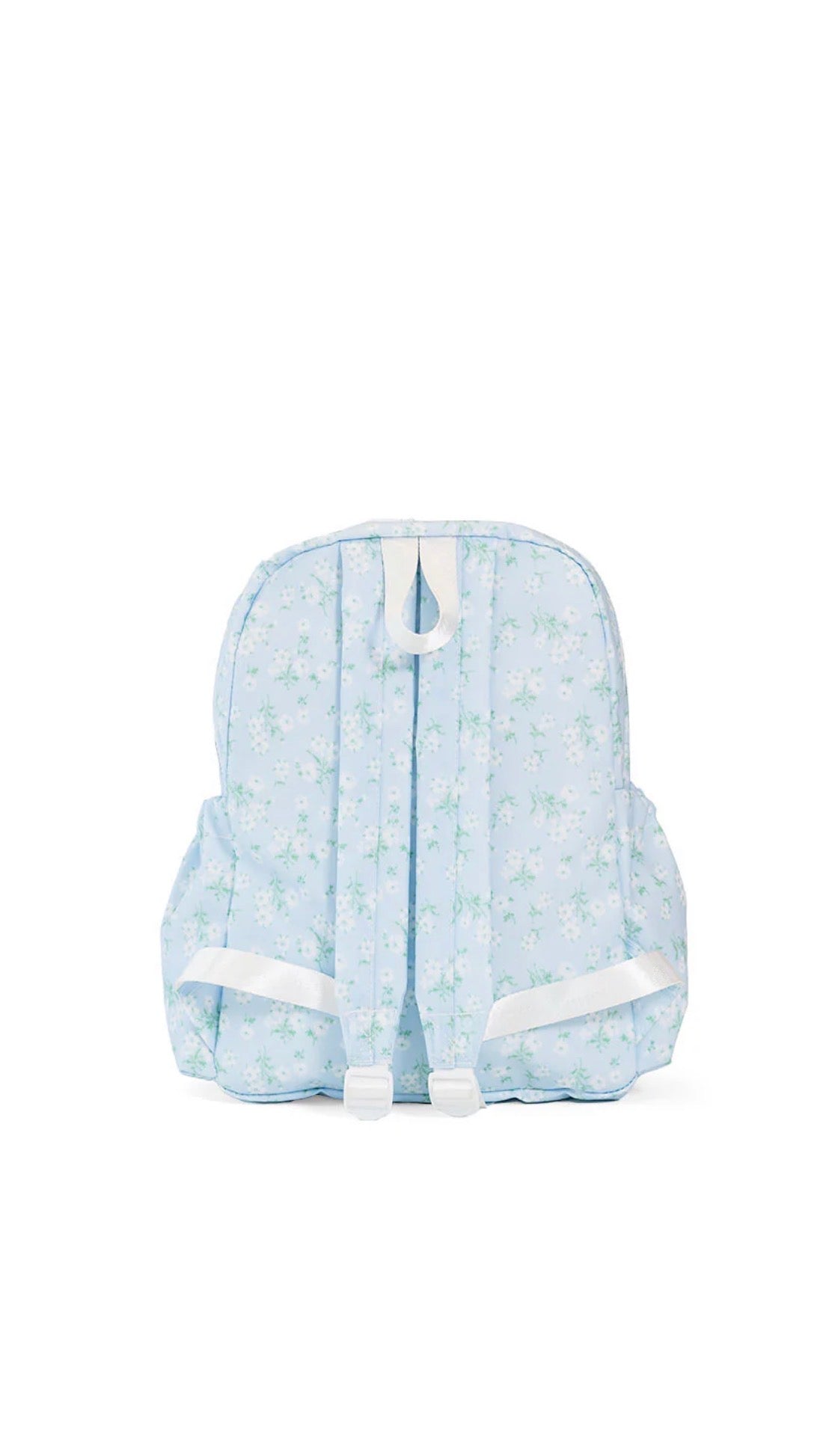 Light blue backpack with white floral accents on a white background