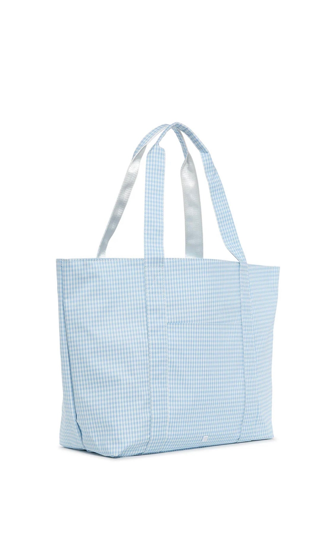 A blue gingham tote bag with a white zipper closure and satin webbing handles.