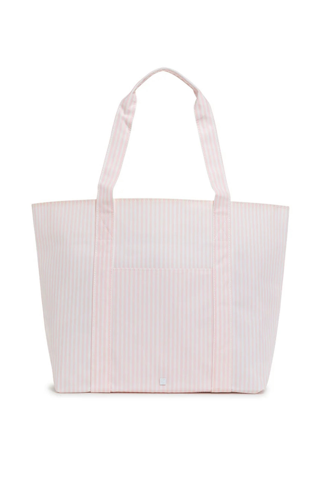A pink striped jumbo tote bag with a top handle and a front exterior pocket, against a white background.