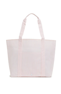 A pink striped jumbo tote bag with a top handle and a front exterior pocket, against a white background.