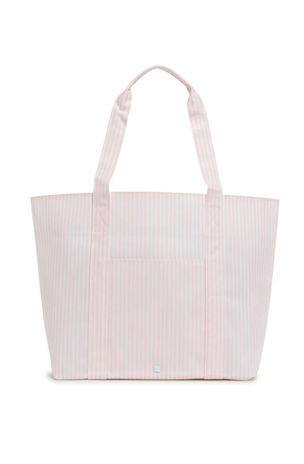 A pink striped jumbo tote bag with a top handle and a front exterior pocket, against a white background.