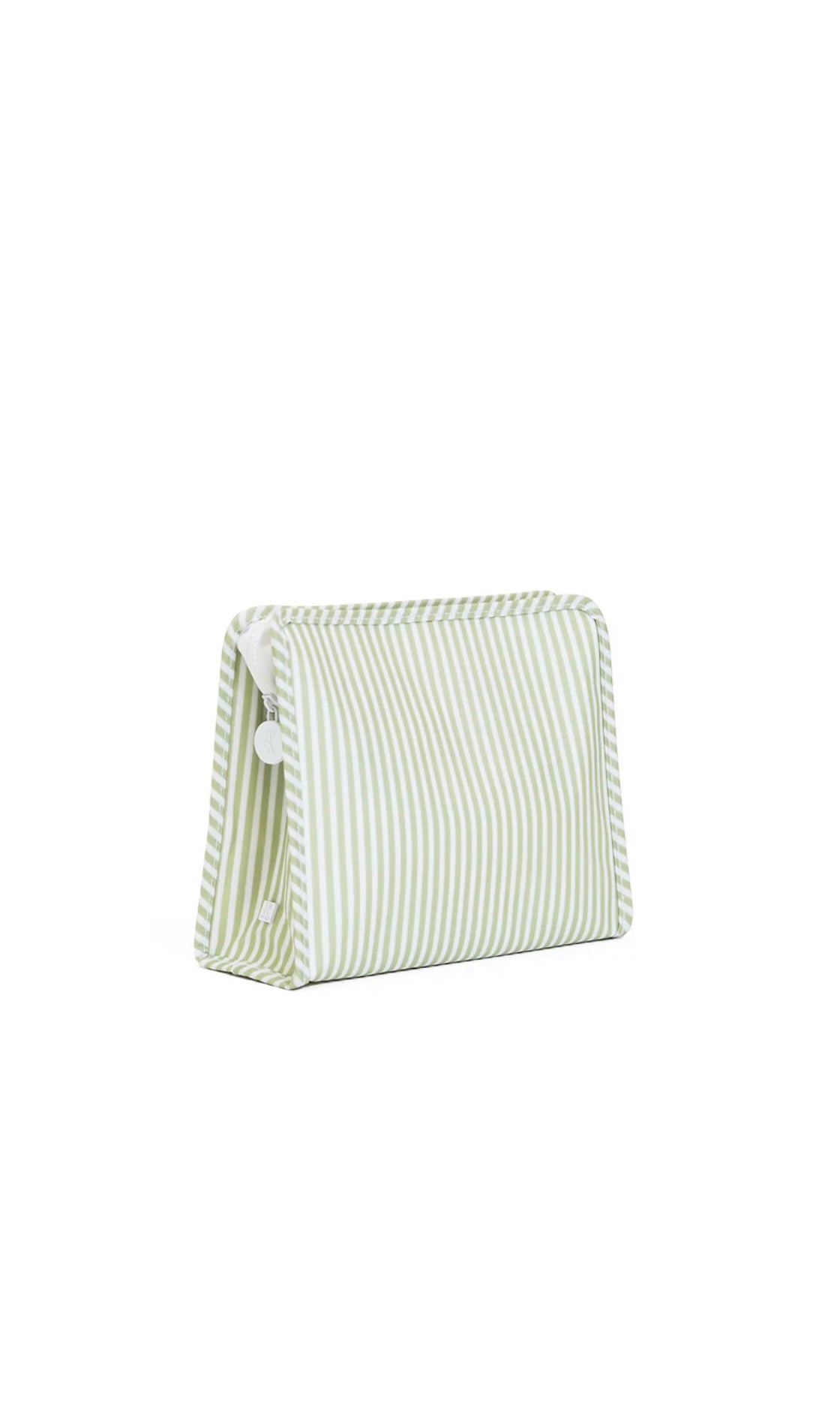 Green and white striped pouch on a white background