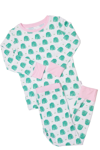 Children's pajama set with green jacket pattern on a white background