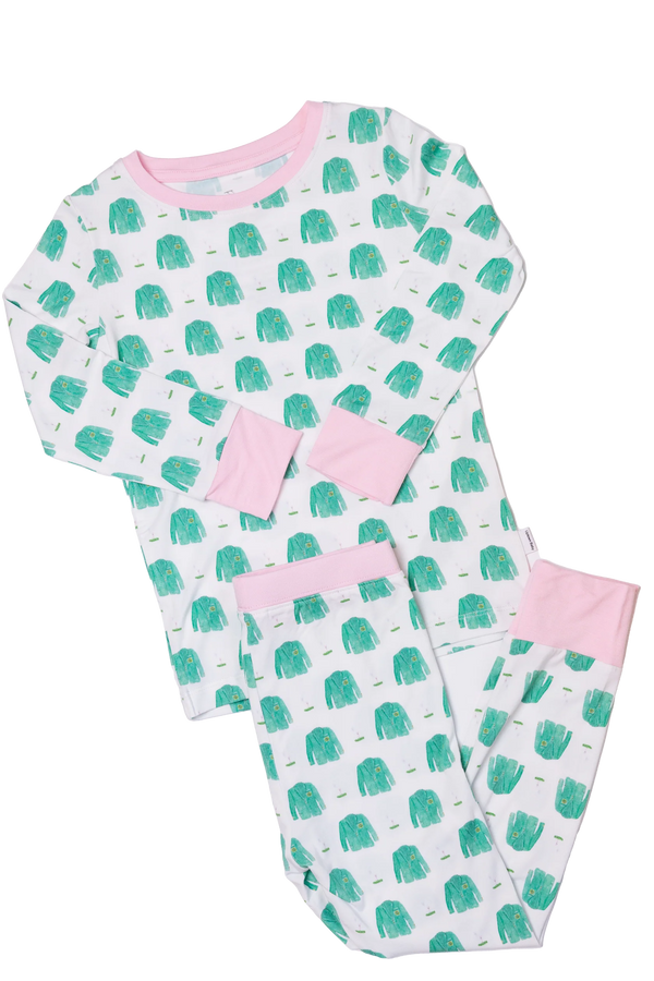 Children's pajama set with green jacket pattern on a white background