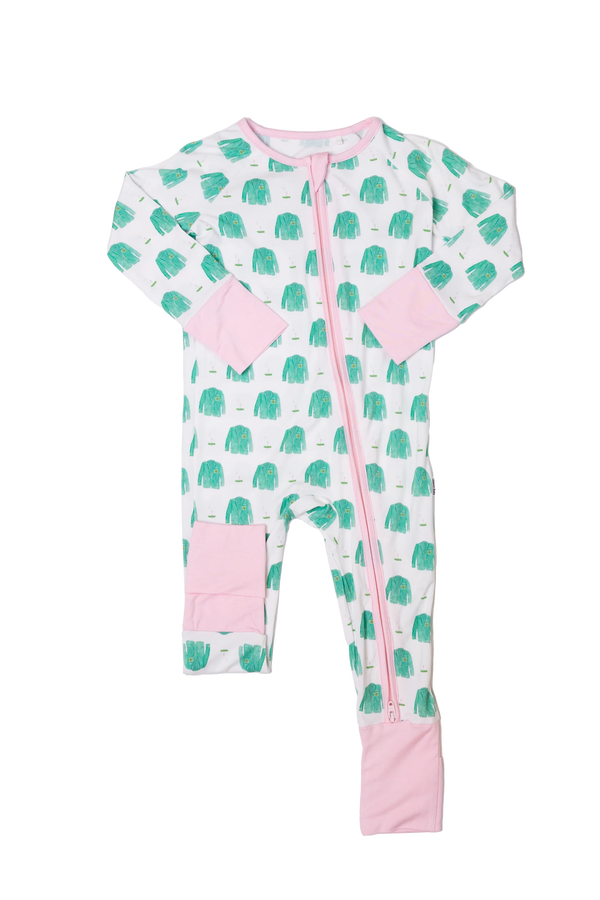Baby onesie with green and pink pattern on a white background