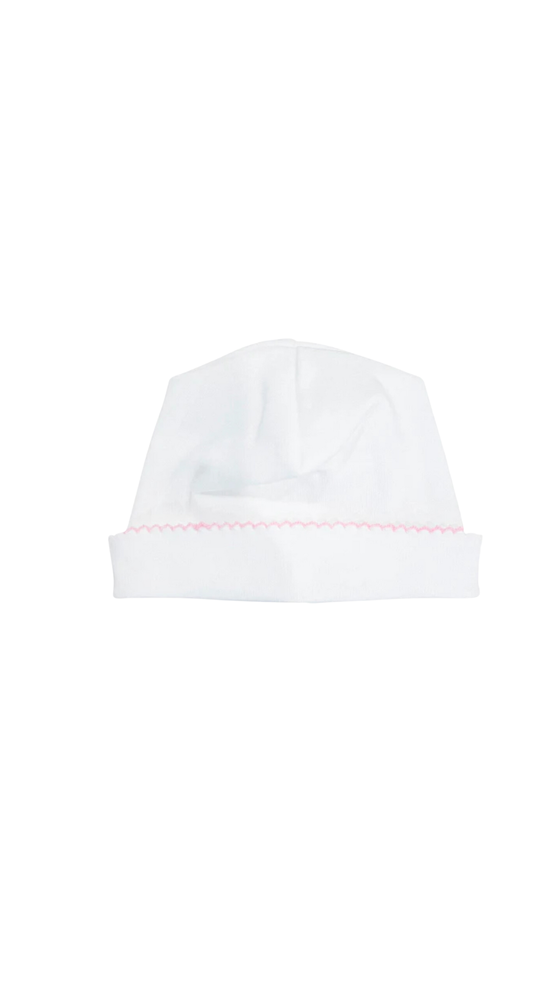 White picot trim baby hat, available in pink and blue trim